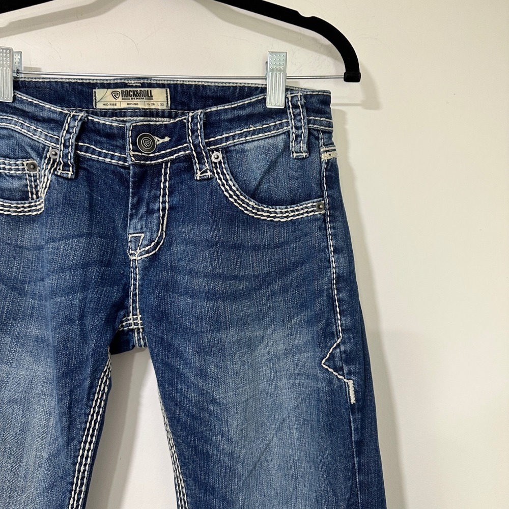 Rock & Roll Denim Riding Jeans Womens 26x32 Mid Rise Bootcut Medium Wash Blue